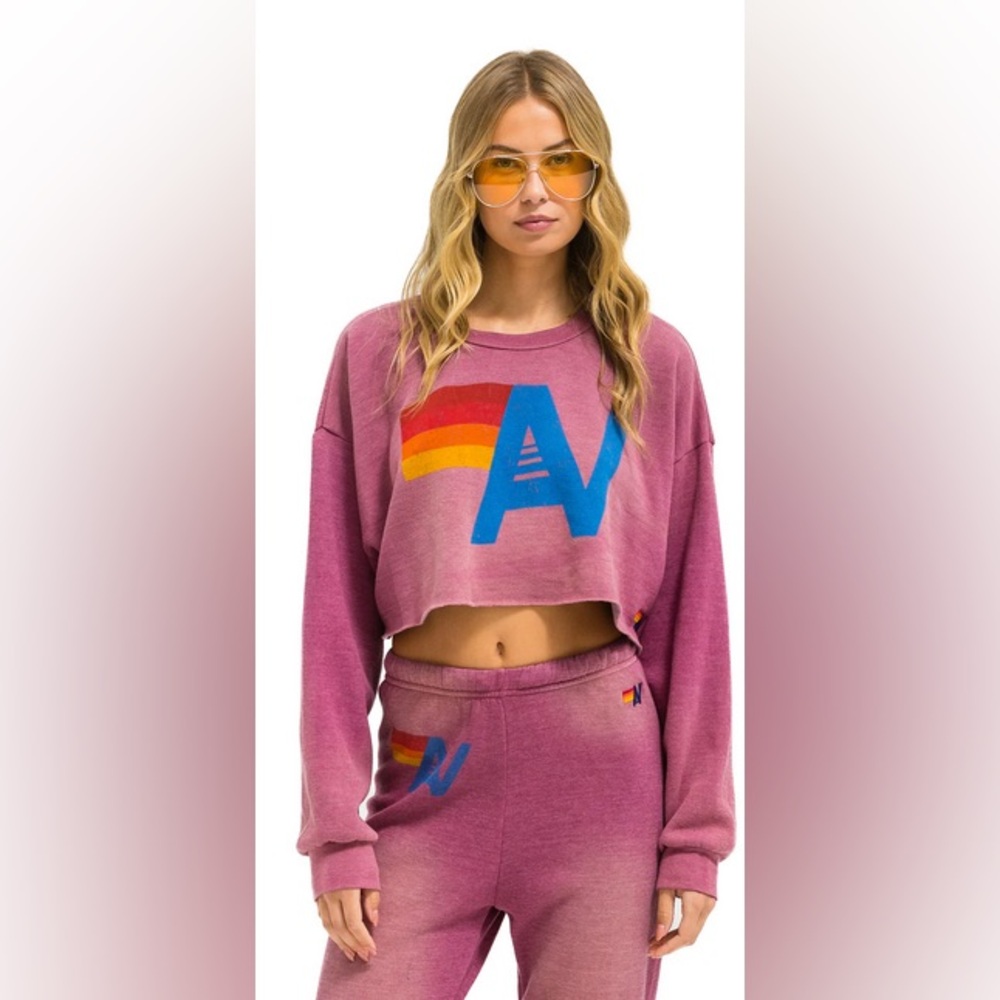 Aviator Nation Pink Cropped Crewneck with Rainbow 'A' Graphic